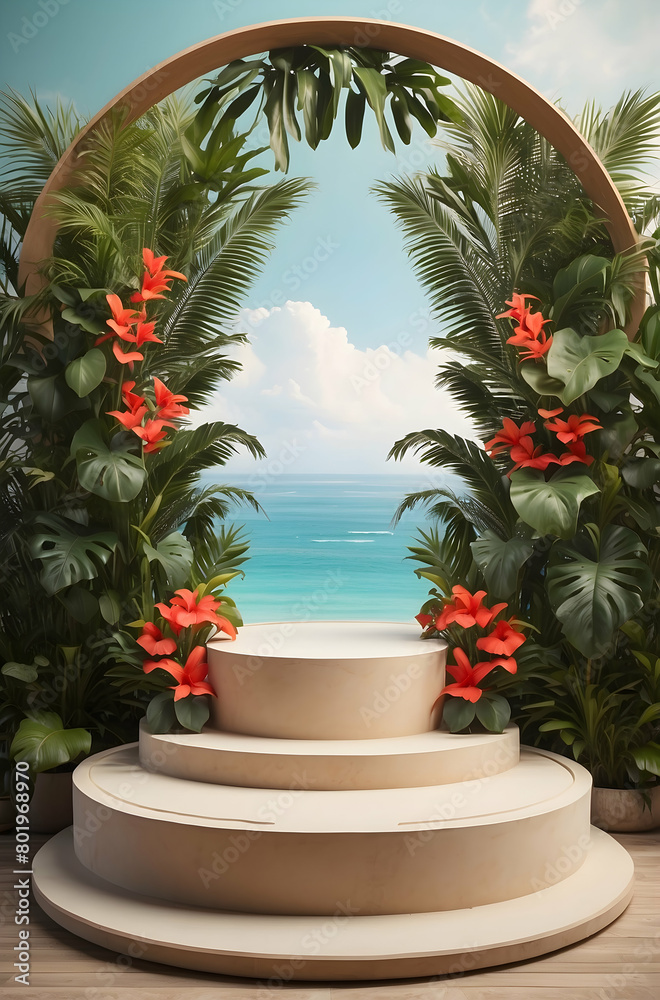 3d podium with tropical background