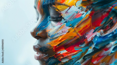 Double Exposure of an Artist and a Canvas with Streaks of Bold Paint Merge an image of an artist with a canvas showing bold, chaotic paint strokes, symbolizing the emotional photo