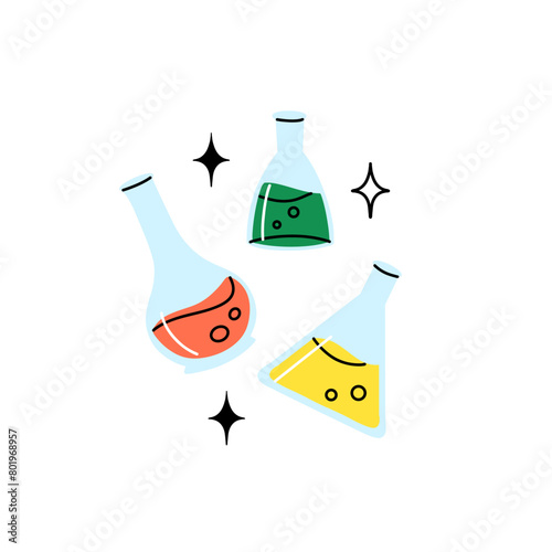 Laboratory glassware. Chemical reagents in glass bottles and rest tubes and flasks. Medical lab equipment. Scientific research tools. Doodle drawing. Vector cartoon flat style isolated illustration