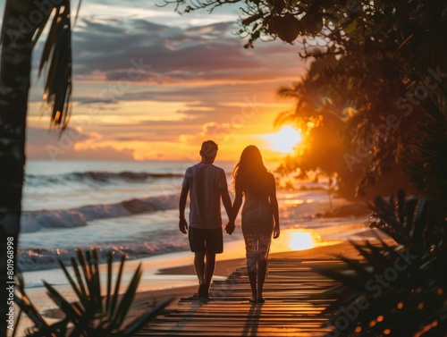 A glamorous couple walking hand in hand along a Costa Rican boardwalk at sunset.