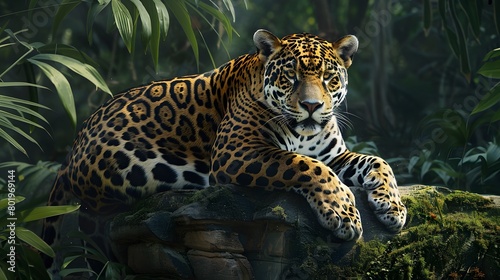 A regal jaguar lounging on a rock in the dense jungle  4k wallpaper