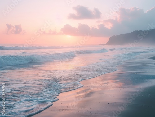 Minimalist shot of a serene Costa Rican beach at sunrise, with soft pastel hues and gentle waves. photo