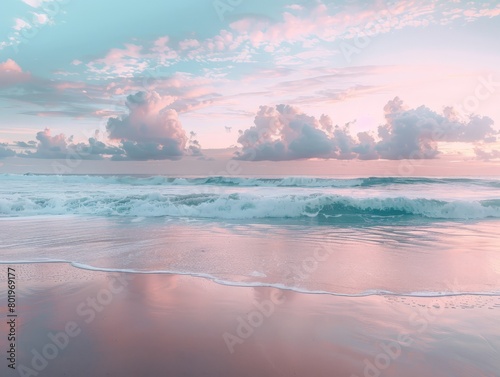 Minimalist shot of a serene Costa Rican beach at sunrise, with soft pastel hues and gentle waves.