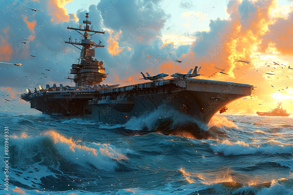 Naval battle of a military aircraft carrier with fighter jets. Army technology, weapons battle duel. AI generated. Naval battle of a military aircraft carrier with fighter jets. Army technology, weapons battle duel. AI generated.