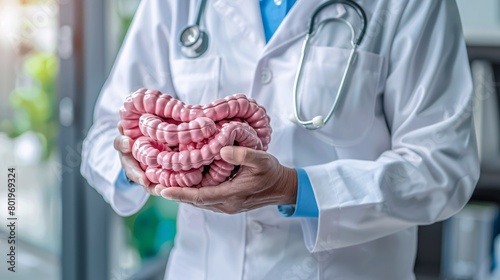A physician holding a model of the colon, illustrating conditions such as colonic disease, colon cancer, and digestive issues. photo