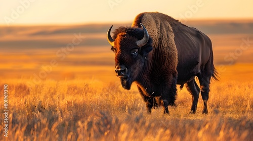 A robust bison with a shaggy coat standing in a golden field at sunset. 4k wallpaper photo