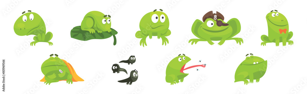 Funny Green Frog Character Engaged in Different Activity Vector Set