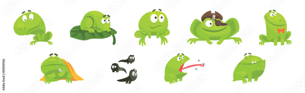Funny Green Frog Character Engaged in Different Activity Vector Set Funny Green Frog Character Engaged in Different Activity Vector Set