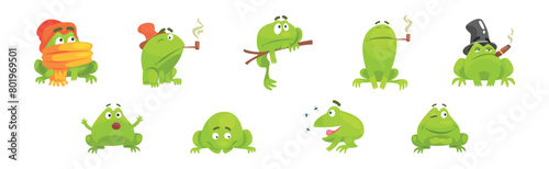 Funny Green Frog Character Engaged in Different Activity Vector Set