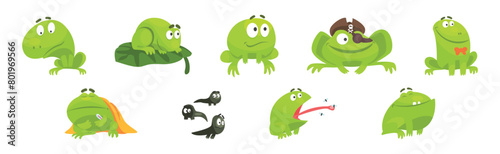 Funny Green Frog Character Engaged in Different Activity Vector Set