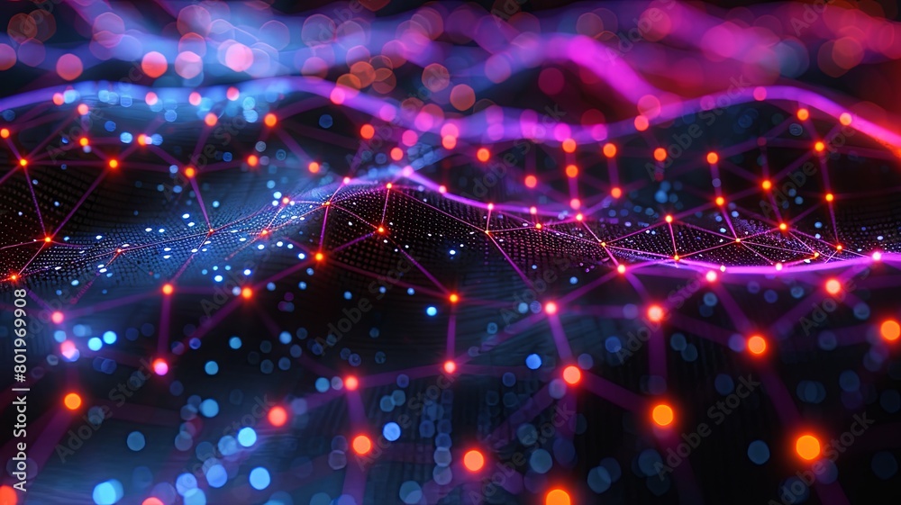 Vibrant artistic depiction of a cybernetic network with neon-glowing nodes and interconnected lines, emphasizing advanced technology and data connectivity