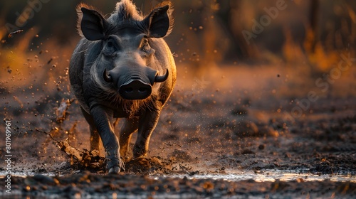 A robust warthog trotting along a muddy waterhole, 4k wallpaper photo