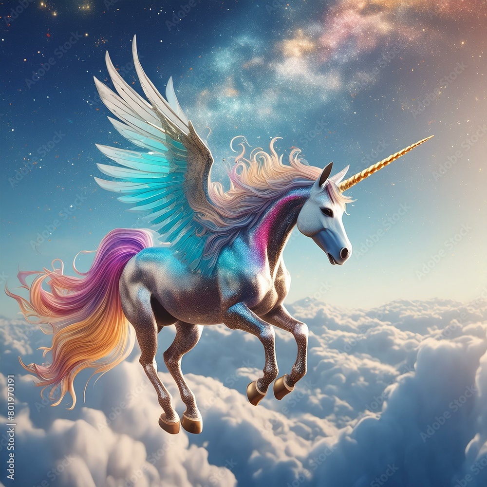 Fliegendes Einhorn mit Schweif in Regenbogenfarben mit hellblauem glitzernden Hintergrund und weißen Wolken Fliegendes Einhorn mit Schweif in Regenbogenfarben mit hellblauem glitzernden Hintergrund und weißen Wolken