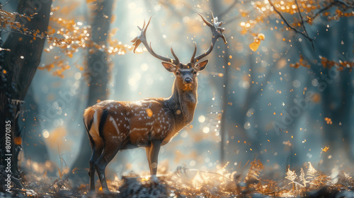 A graceful deer standing in the middle of a misty forest with sunlight filtering through the trees in the morning