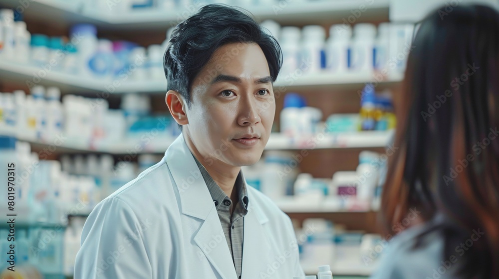 A male Asian pharmacist provides professional medication recommendations and prescriptions to female customers at a drugstore.