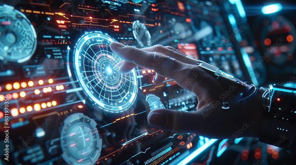 Futuristic Technology: Hand Touching Digital HUD Interface, Virtual Computer Screen Display UI Concept, Cyber Communication Hologram, VR Cyberspace Innovation - Cyber Communication and Innovation Inte Futuristic Technology: Hand Touching Digital HUD Interface, Virtual Computer Screen Display UI Concept, Cyber Communication Hologram, VR Cyberspace Innovation - Cyber Communication and Innovation Inte