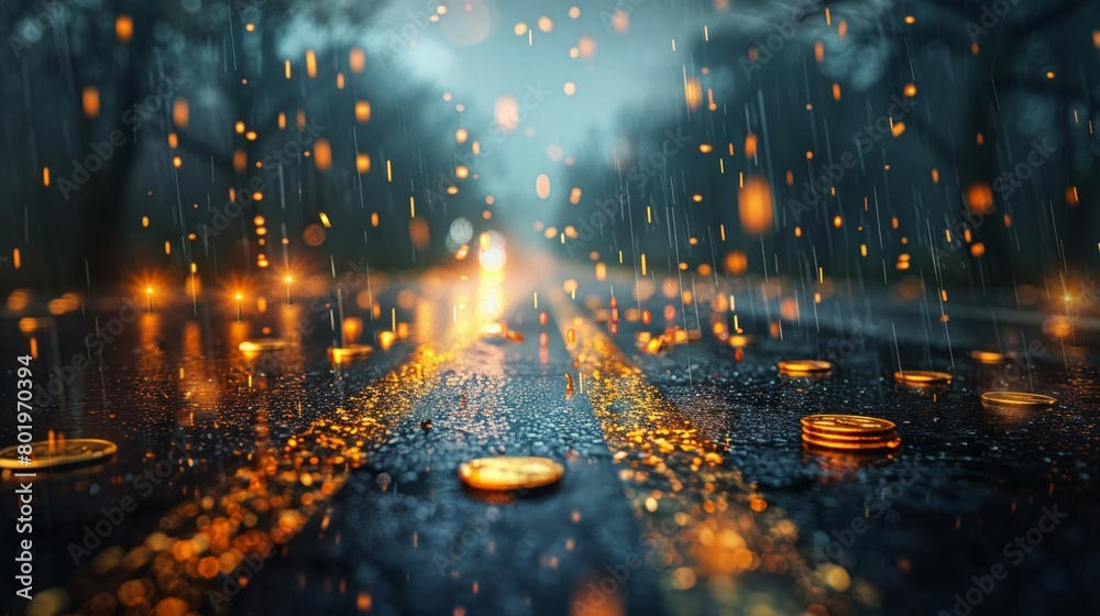 A dramatic 2D scene of a road during a storm, with raindrops as coins and lightning bolts as flashing gold bars, representing financial turmoil