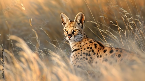 A secretive serval cat stealthily navigating through the tall grass of the African plain4k wallpaper photo