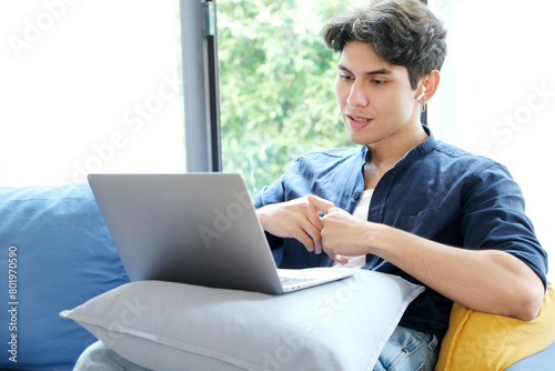 Video conference, Work from home, Young man making video call with virtual web by laptop computer, Male talking on web, Online study,  Business planning consultation