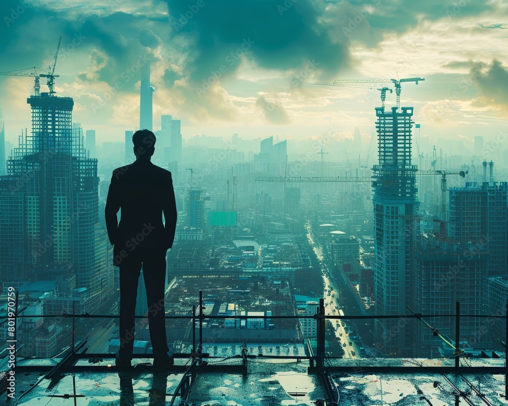 A silhouette of a businessperson looking at a city skyline under construction, planning for urban and business expansion A silhouette of a businessperson looking at a city skyline under construction, planning for urban and business expansion