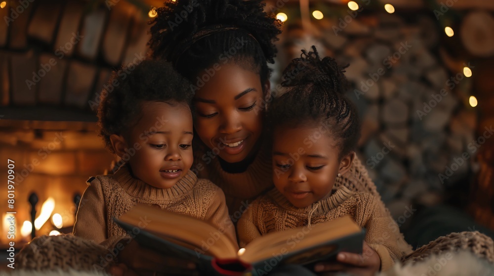 Cozy scene of a black mother and her children cuddled up with a book in a snug room. Warmth and Love. Concept of Christmas reading, Family bond, and Mother's Day. AI Generated Cozy scene of a black mother and her children cuddled up with a book in a snug room. Warmth and Love. Concept of Christmas reading, Family bond, and Mother's Day. AI Generated