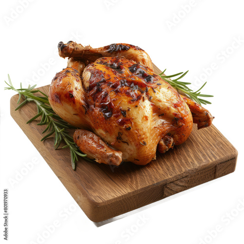 whole roasted chicken on wooden cutting board isolated on transparent background With clipping path. cut out. 3d render photo