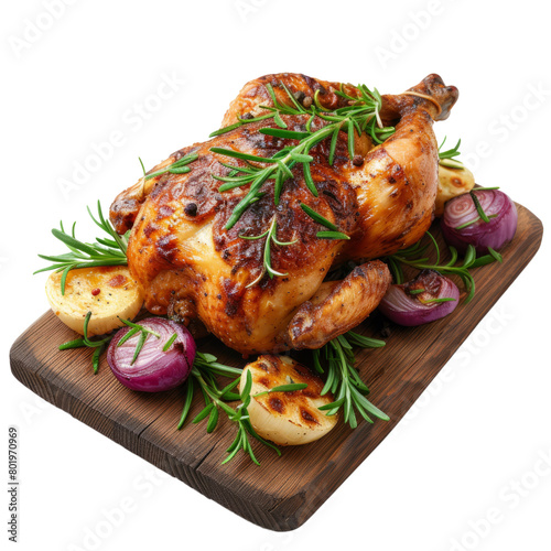 whole roasted chicken on wooden cutting board isolated on transparent background With clipping path. cut out. 3d render