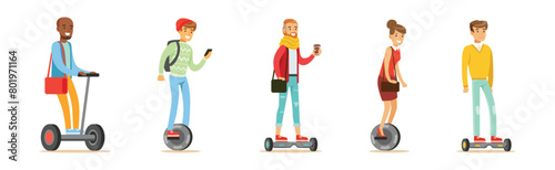 Young Man and Woman Ride Unicycle and Hoverboard Vector Set