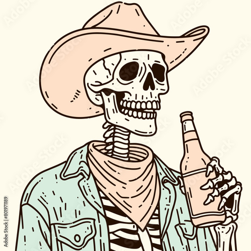 A skeleton wearing a cowboy hat and holding a bottle of beer.
