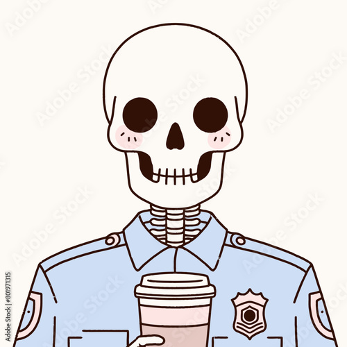 A skeleton wearing a police uniform and drinking coffee.