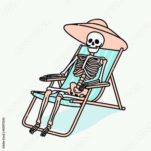 A skeleton wearing a pink hat is sitting in a beach chair.