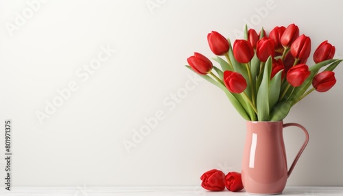 Red vase overflowing with vibrant red flowers