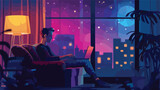 Man with laptop late in evening at home Vector illustration