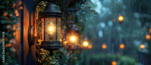 Lantern hanging on wall in rain © Boomanoid
