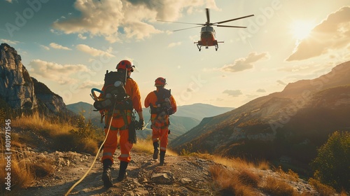 Two emergency responders equipped with safety gear and ascending gear rushing towards a helicopter for urgent medical assistance, highlighting the themes of saving and optimism. photo