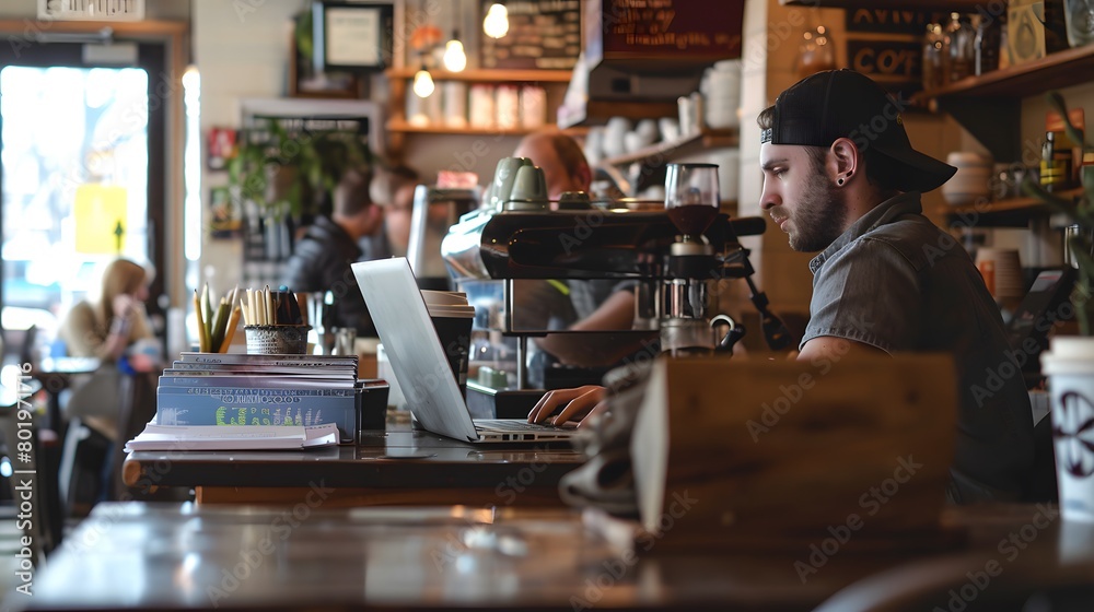 Focused work in a cozy cafe setting Focused work in a cozy cafe setting