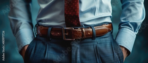 Man wearing brown leather belt and blue shirt
