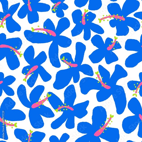 Funky Blue Hibiscus Flowers Seamless Pattern