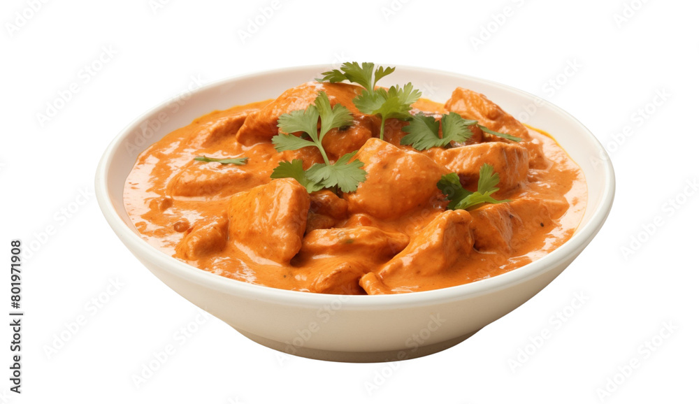 Chicken tikka masala over fluffy white rice in a bowl, garnished with a sprig of cilantro, a classic Indian dish. Generative AI Chicken tikka masala over fluffy white rice in a bowl, garnished with a sprig of cilantro, a classic Indian dish. Generative AI