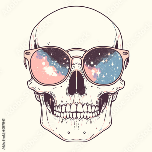 A skull wearing sunglasses with a starry night sky and clouds in the lenses.
