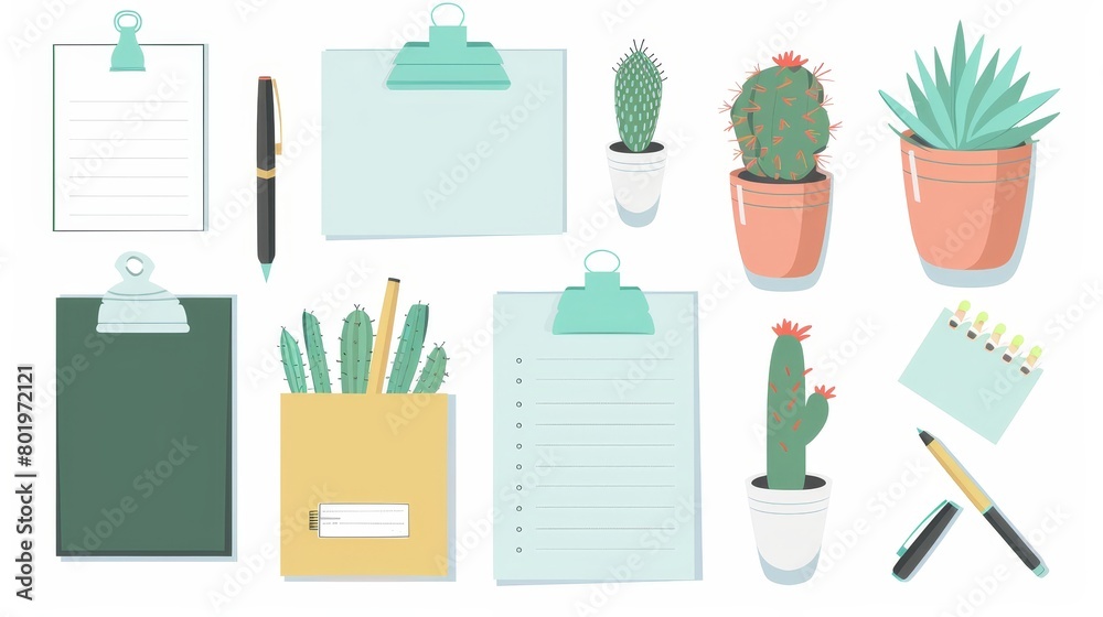 a collection of office supplies including a pen, a pencil, a notebook, a clipboard, a potted cactus, a potted succulent, and some sticky notes. a collection of office supplies including a pen, a pencil, a notebook, a clipboard, a potted cactus, a potted succulent, and some sticky notes.