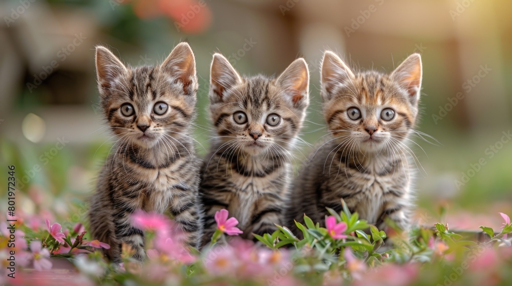 Three small kittens sitting in grass