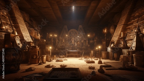 Treasure of ancient egypt. Image of inside an ancient Egyptian pyramid, with various artifacts on the ground and heliographs on the walls. photo