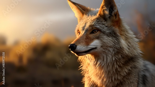 Close-up portrait of a wild wolf in the sunset light.