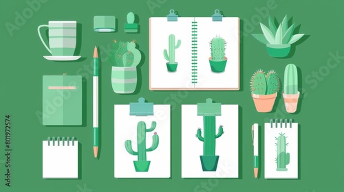 The image shows a green background with a notebook  a coffee cup  a pencil  a paper clip  and several cacti in pots of different shapes and sizes.