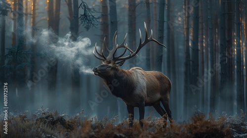 A stately elk in a misty forest at sunrise, its breath visible in the cold air. 4k wallpaper