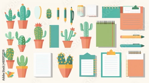 The image is a set of office supplies and cacti. There are 6 cacti in pots, 2 watering cans, 3 notebooks, 3 pencils, 2 pens, a ruler, a clipboard, and some blank sheets of paper.