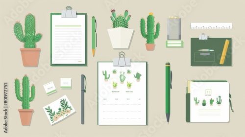 The image contains a variety of green office supplies including a notebook, a clipboard, a pencil, a pen, a ruler, some notepads, and a potted cactus.
