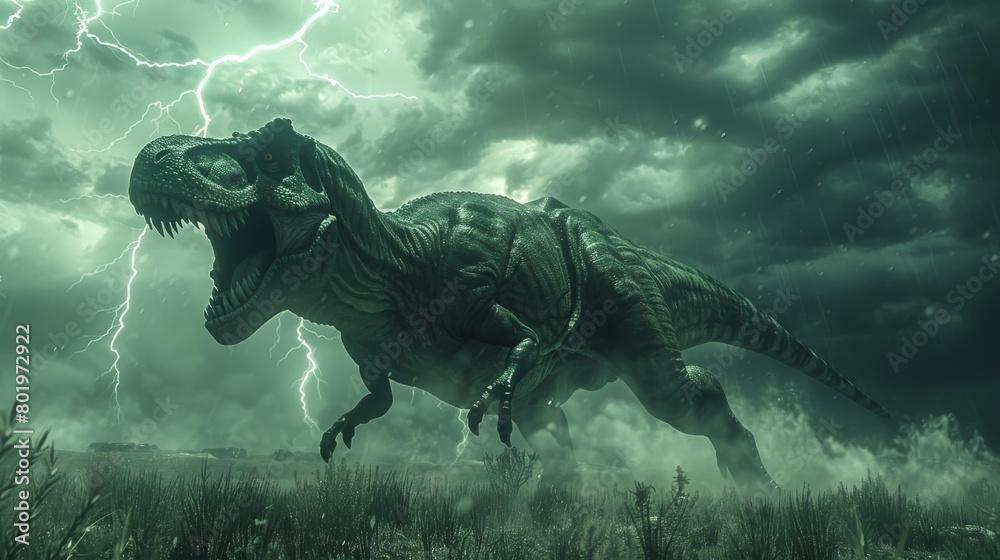 Fototapeta premium A T-Rex standing in a field during a lightning storm.