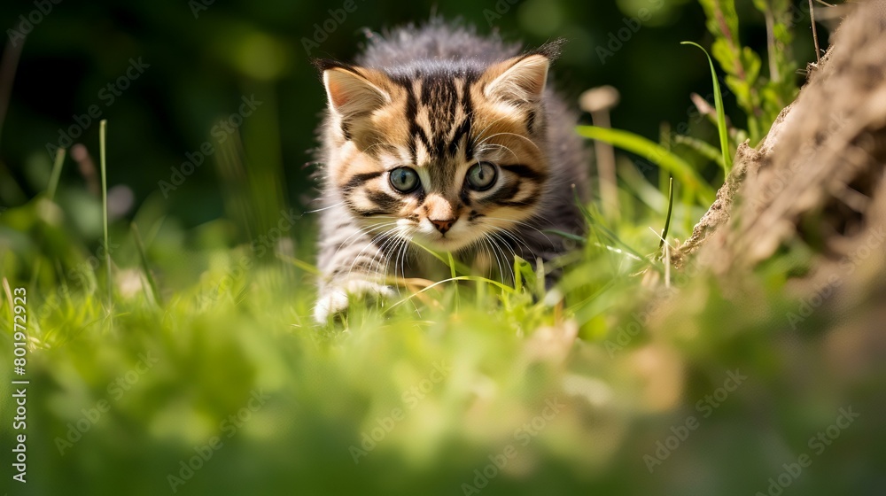Cute little siberian kitten in the grass looking at camera